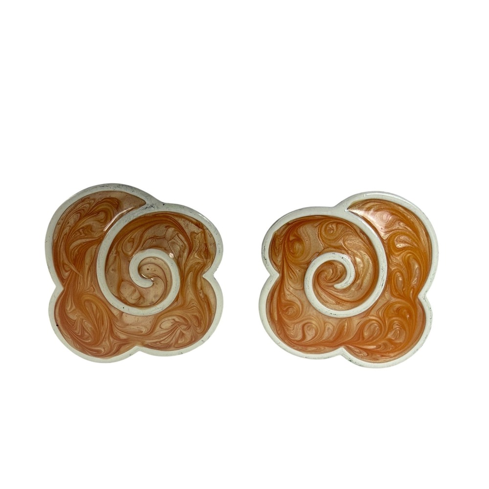 Monet Vintage Clip On Earrings Flower Swirl Peach Orange Enamel Gold Tone Studs